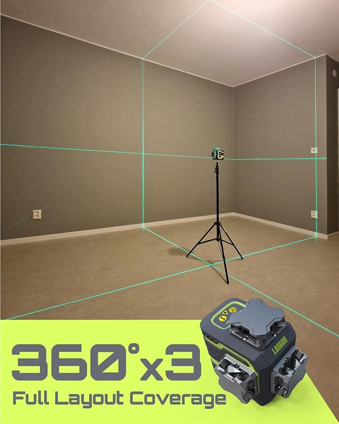 LG-3D Laser Level Self Leveling 3x360°, 3D Green Beam Cross Line Laser for Construction and Picture Hanging, 2 Rechargeable Batteries (20 Hrs), Magnetic Liftable Stand Included, Green