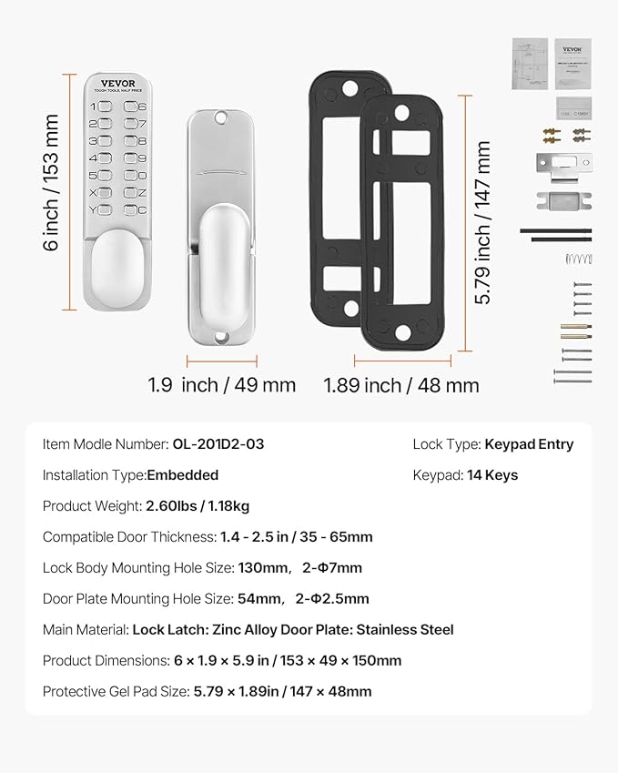 VEVOR Mechanical Keyless Entry Door Lock, 14 Key Mechanical Door Lock, Mechanical Keypad Door Knob, Single-Side Stainless Steel Waterproof Keyless Gate Lock, for Home Office Outdoor Fence Garage Yard