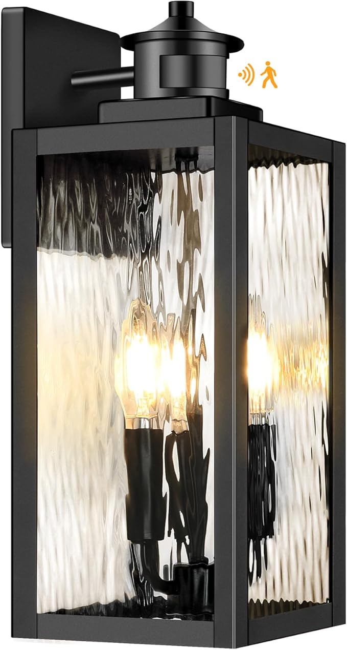 Large Motion Sensor Outdoor Wall Light, Black Exterior Wall Sconce Light Fixtures with Water-Rippled Glass, Waterproof Modern Outside Wall Lantern for House, Porch, Patio, Garage, Bulbs Not Included