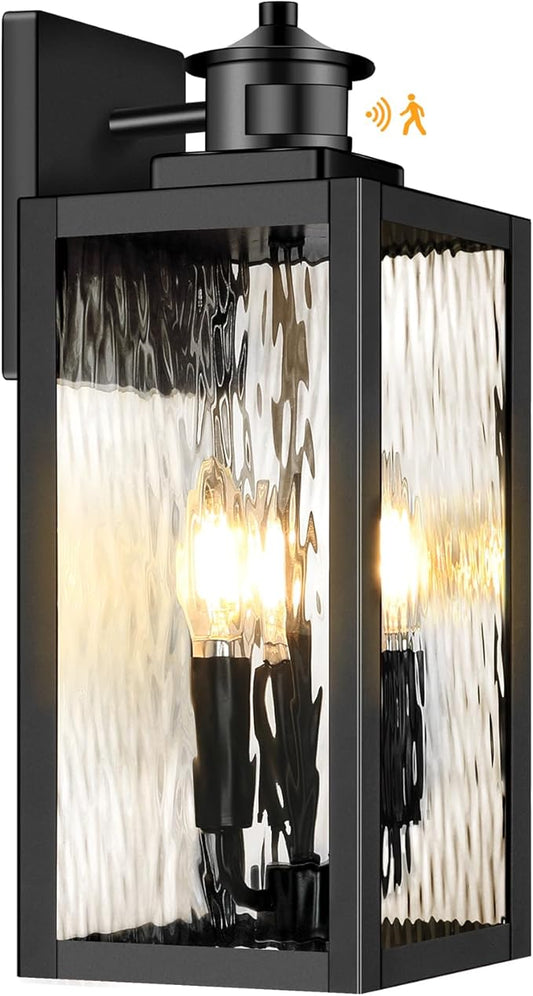 Large Motion Sensor Outdoor Wall Light, Black Exterior Wall Sconce Light Fixtures with Water-Rippled Glass, Waterproof Modern Outside Wall Lantern for House, Porch, Patio, Garage, Bulbs Not Included
