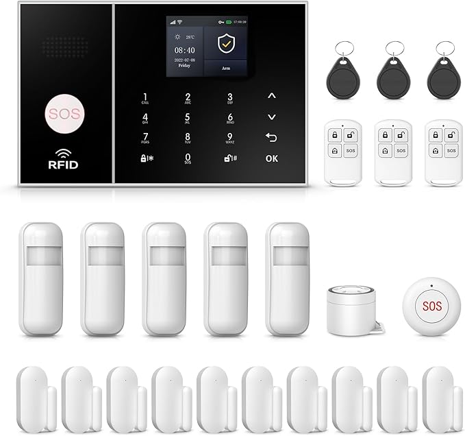 WiFi Alarm System for Home Security with Door/Window and Motion Sensors,Alarm Siren,Remote,Touch Screen,Tuya App Alert Push,Compatible with Alexa and Google,24 Pieces Kits for Villa,Apartment