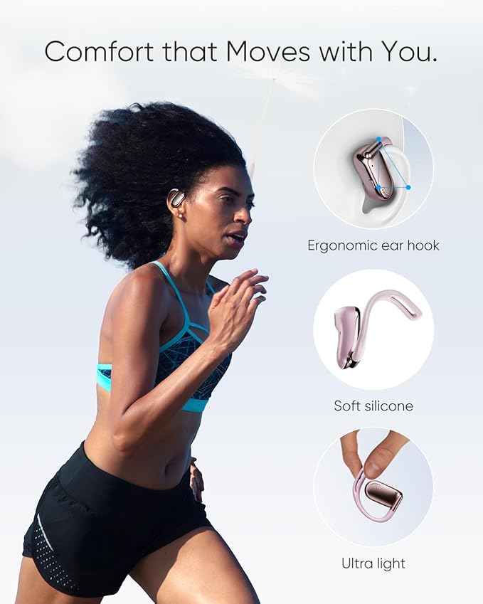 Open Ear Headphones, 0.28oz Lightweight Next-Gen Bluetooth 5.4 Air Conduction Wireless Earbuds w/Extra Bass, 48H Playtime, 3 EQ Modes, ENC Mic, IPX5, Snug Fit for Workout Running Pink