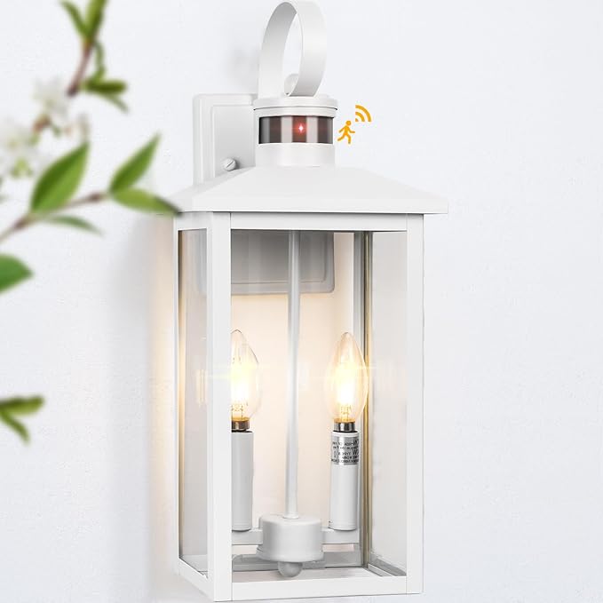 White Motion Sensor Light Outdoor, 18" ETL Listed Outdoor Lights with Sensor Detection, 2-Light Aluminum White Exterior Light Fixture with E12 Socket, Outside House Lights Wall Mount