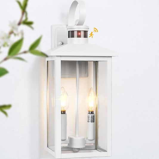 White Motion Sensor Light Outdoor, 18" ETL Listed Outdoor Lights with Sensor Detection, 2-Light Aluminum White Exterior Light Fixture with E12 Socket, Outside House Lights Wall Mount