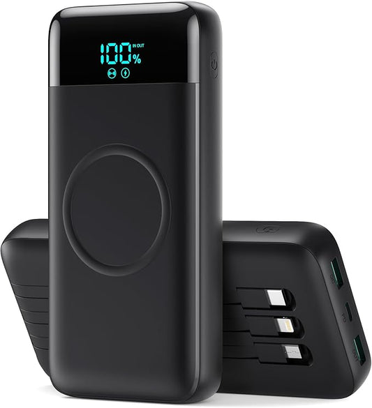 Wireless Portable Charger 40800mAh with 3 Built-in Cables,7-in-1 15W Wireless Charging Power Bank,25W PD QC 4.0 Fast Charging USB C LCD Display Battery Pack for iPhone 16/15/13/12,Samsung,Android etc
