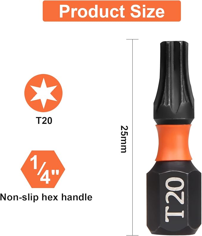 Pro T20 Bit Assortment - Screwdriver Bits Set 20Pcs, 25mm Length, Torx Screwdriver Bit, 1/4 Inch Hex Shank, with Storage Box