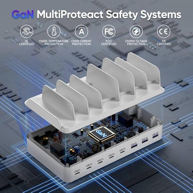 300W Charging Station for Multiple Devices, 8 Port Multi USB C Fast Charger Station Dock for MacBook iPhone 16/15/14/13/12 Samsung Pixel Series iPad, White (6 Mixed Short Cables Included)