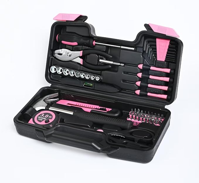 144-Piece Pink Tool Kit Basic Home Repair Tool Set General Household Hand Tool Kit Small Tool Kit with Plastic Toolbox Mini Tool kit for Women, Office & College Repairs