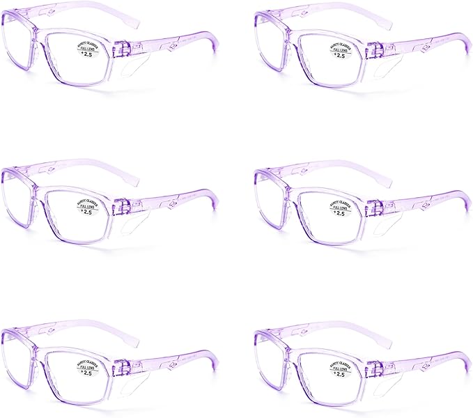 ProtectX Stylish Anti-Fog & Scratch-Resistant Safety Glasses With Readers, UV Protection Goggles, Anti-Impact Lightweight Glasses for Men＆Women Lilac Reading 2.5-6 Pack