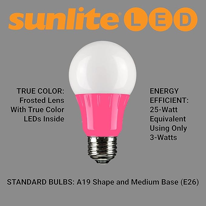 Sunlite 80168 LED A19 Colored Light Bulb, 3 Watts (25w Equivalent), E26 Medium Base, Non-Dimmable, UL Listed, Party Decoration, Holiday Lighting, 1 Count, Pink