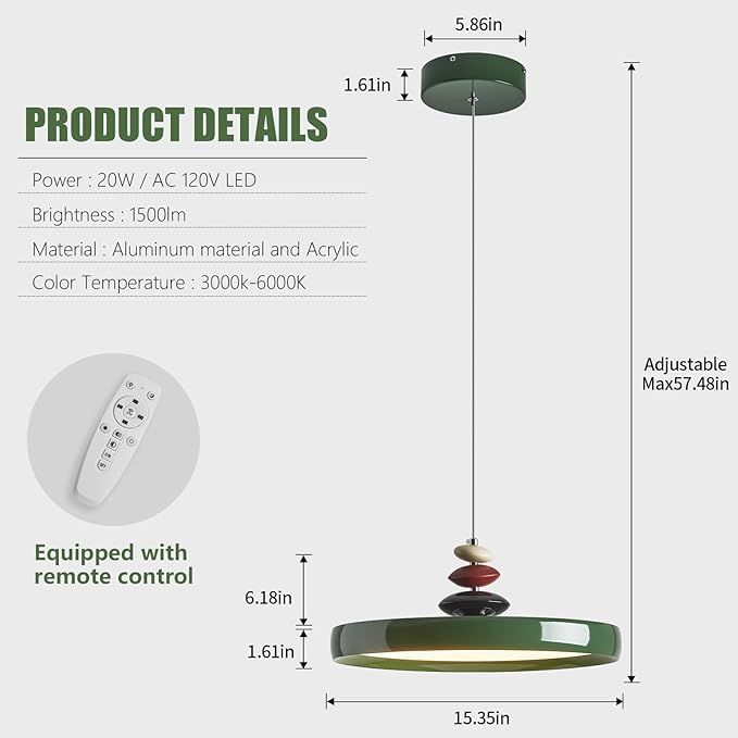 Modern Pendant Lights,Green 16" LED Pendant Lighting Fixture with Remote Control Dimmable 3 Color Mode & Brightness, Adjustable Hanging Lamp for Kitchen Dining Room Bedroom Kitchen Island