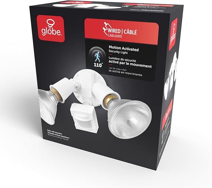 Globe Electric 17000269 110-Degree 240 W Twin Head White Hardwired Motion Sensor Security Flood Light, Spotlight, Outdoor, Outside House Lights