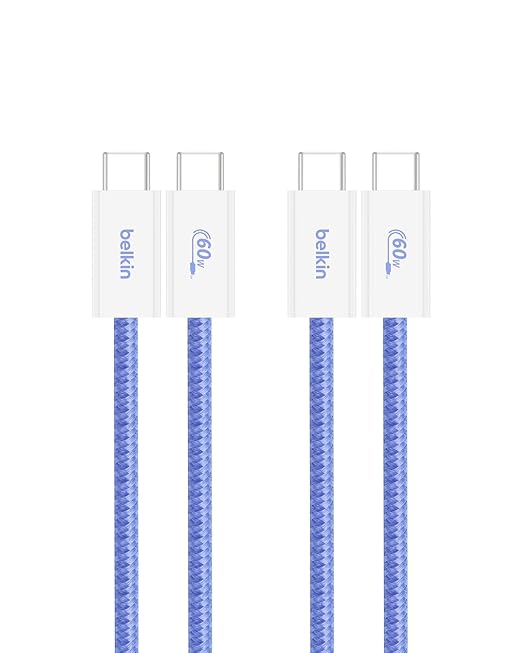 Belkin USB C to USB C Cable 2-Pack, 3.3ft, 60W - Type C Charger, iPhone Charger Cord, Soft, Braided, Flexible for iPhone 16, Galaxy S25, Pixel 9, Airpods, iPad Pro & More, Travel Essentials - Blue