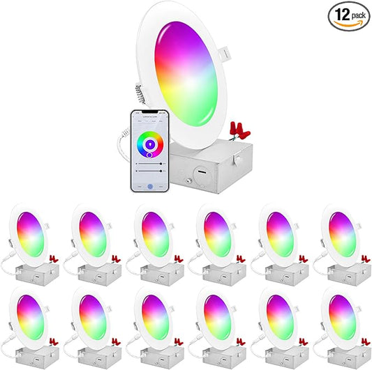 LUXRITE 12-Pack 6 Inch Smart LED Recessed Lighting, RGBW Color Changing, WiFi App and Voice Control, Compatible with Alexa and Google Home, No Hub Required, 13W 1000LM, CRI 90, IC Rated, Wet Rated