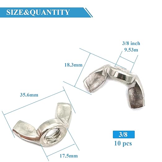 10 Pcs 3/8"-16 Wingnuts 304 Stainless Steel Wing Nuts Fasteners Parts Butterfly Nut, Hand Twist Tighten Hardware Nuts Butterfly Wing-Nut