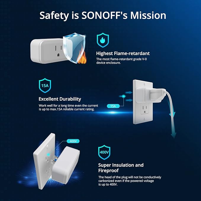SONOFF S40 Lite 15A WiFi Smart Plug ETL Certified, Smart Socket Outlet Timer Switch, Compatible with Alexa & Google Home, IFTTT Supporting, No Hub Required 4-Pack