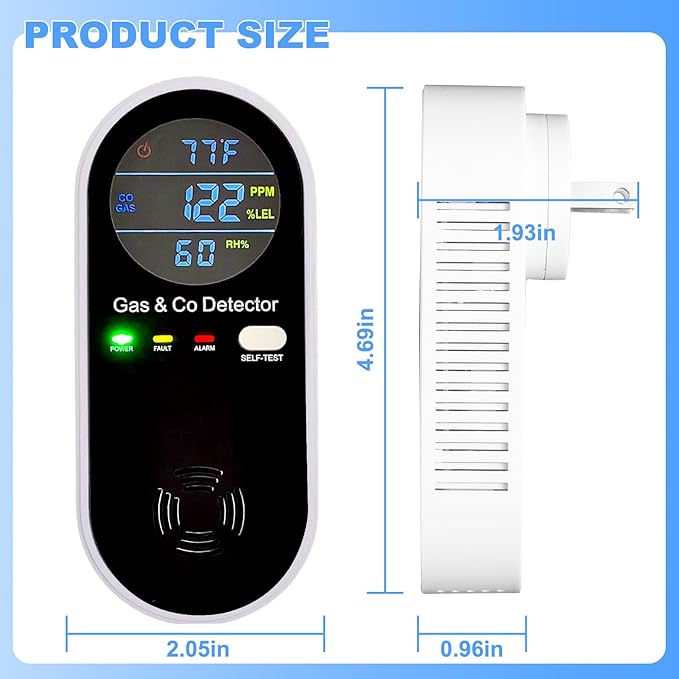 Combustible Gas & Carbon Monoxide Detector 4-in-1 Alarm with Temp/Humidity Sensor – Plug-in CO/Gas Leak Detector for Home, RV, Apartment Safety (Explosive Gas & CO Detection) 1-Pack
