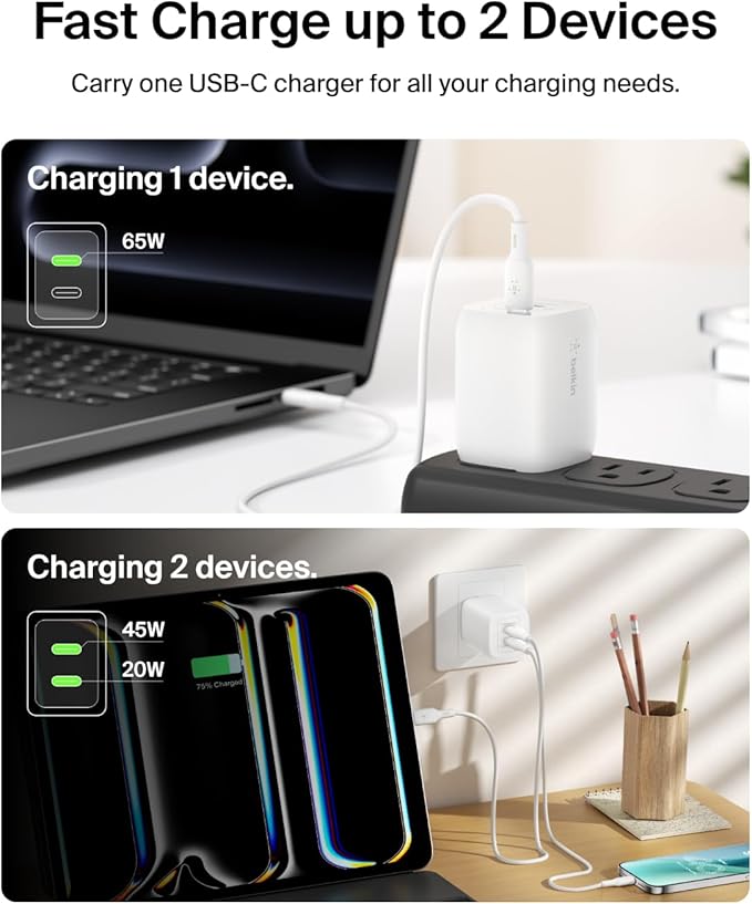 Belkin 65W Dual USB C Charger Block, Super Fast Charging PD3.0 w/ GaN Technology - Samsung Galaxy S25, Apple iPhone 16, 15, 14, 13, Pro, Pro Max, iPad, MacBook, Nintendo Switch 2 & More - White