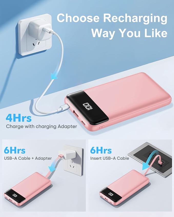 Portable Charger with Built-in Cables 10000mAh Power Bank with Cords, Slim Fast Charging Battery Pack, Travel Essential Portable Charger for iPhone 17/16/15/14/13 Series, Samsung Google Pixel iPad