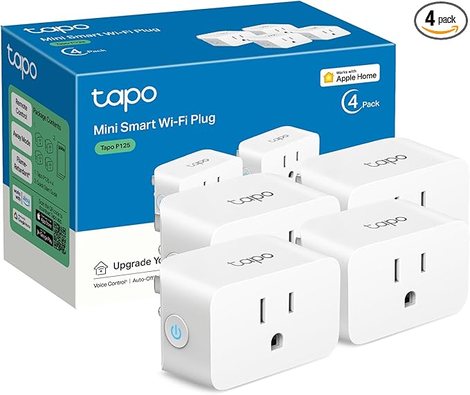 TP-Link Tapo Apple HomeKit Smart Plug Mini, Compact Design, 15A/1800W Max, Super Easy Setup, Works with Siri, Alexa & Google Home, UL Certified, 2.4G Wi-Fi Only, White, Tapo P125(4-Pack)