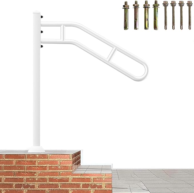 Upgraded Single Post Handrail, White Bent Wrought Iron Handrails for Outdoor 1-3 Steps, Metal Freestanding Porch Railing, Floor Mounted Stair Rails with 2 Anti-Skid Crossbar for Garage, 32"L x 35.8" H