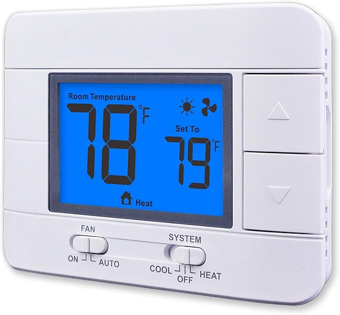 Non Programmable Thermostat for Home 1 Heat/ 1 Cool Single-Stage System, with Room Temperature Monitor (LCD Blue Backlit Screen)