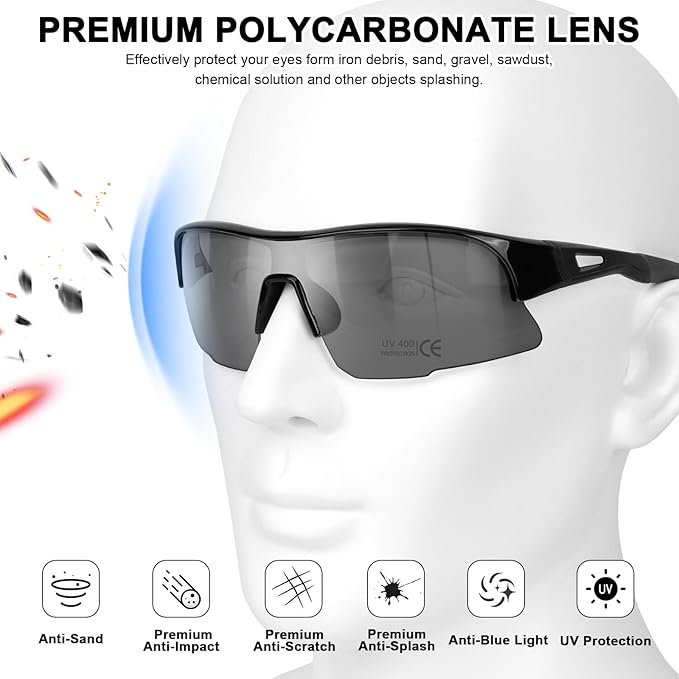 6 Pack Safety Glasses, ANSI Z87.1 Safety Glasses with UV Protection, Impact Resistant Tinted Safety Goggles