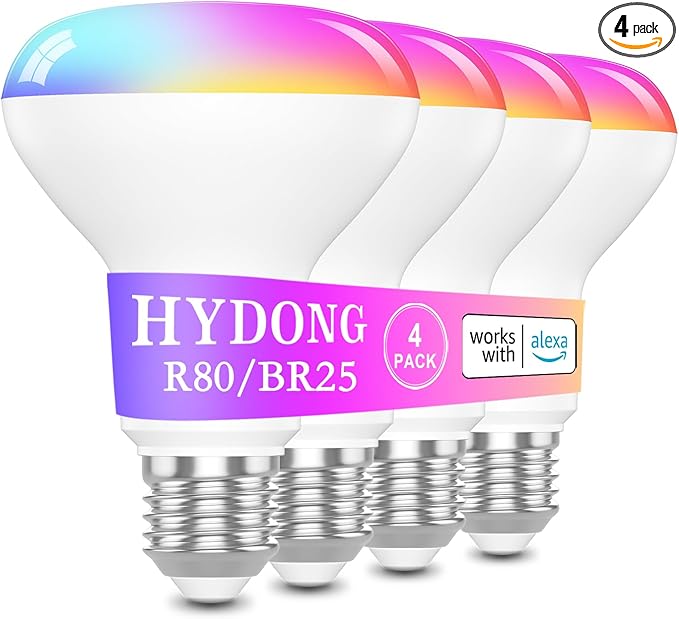 Smart RGB Bulb,BR25/R80,Smart Bulbs Compatible with Alexa,Color Changing LED WiFi Bulb 12W,2.4Ghz WiFi Only.E26/E27Base,4Packs