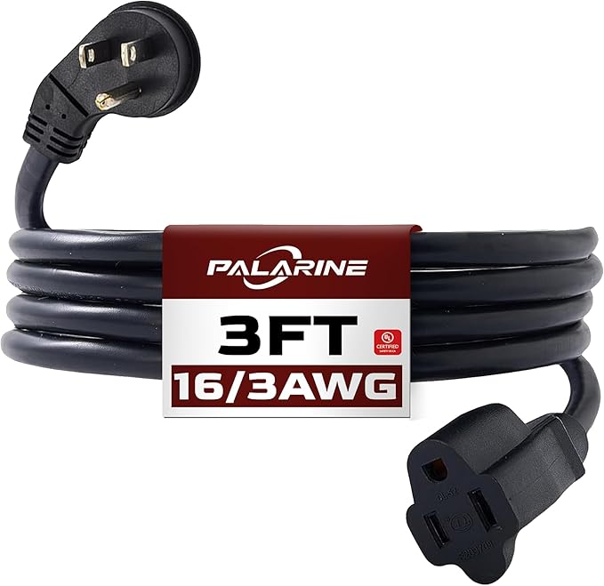 Indoor Flat Plug Black Extension Cord 3ft, UL Listed, 16/3 SJTW 3 Prong Heavy Duty, 16 Gauge 13A Power Cord for Lights, Appliance, Home, Office