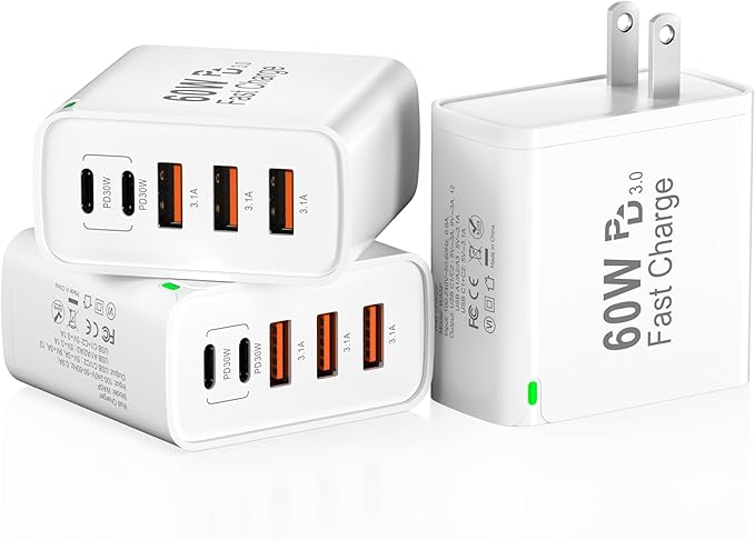 3Pack USB C Fast Charger Block, 60W 5-Port USB C Wall Charger 30W Type C Charging Block, 2USB C+3USB A PPS/PD 3.0 Multiport Charging Cube for iPhone 16 15 14 13 Pro Max,for Galaxy S25 S24 Ultra, i Pad