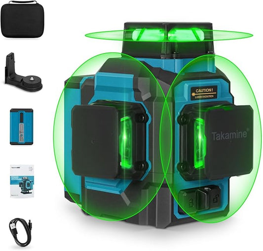 Takamine Laser Level 360 Self Leveling, 3x360° Cross Line Lazer Leveler Tool for Construction and Picture Hanging, 3D 12 Lines Green Laser Level with Rechargeable Lithium Battery, APP Control