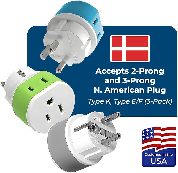 OREI Denmark Power Plug Adapter with 2 USA Inputs - Travel 3 Pack - 1 Type K & 2 Type E/F Safe Grounded Use with Cell Phones, Laptop, Camera Chargers, CPAP, and More