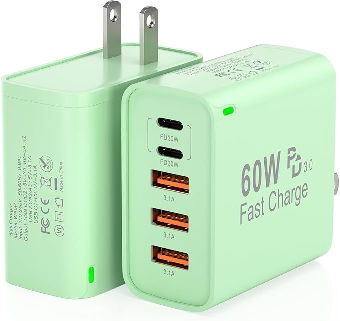 2Pack USB C Fast Charger Block, 60W 5-Port USB C Wall Charger 30W Type C Charging Block, 2USB C+3USB A PPS/PD 3.0 Multiport Charging Cube for iPhone 16 15 14 13 Pro Max,for Galaxy S25 S24 Ultra, i Pad