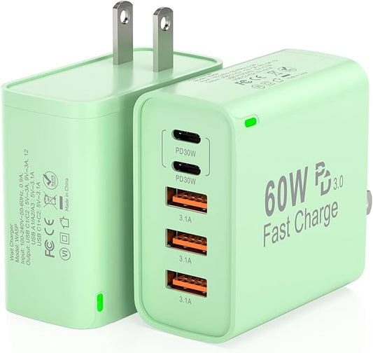 2Pack USB C Fast Charger Block, 60W 5-Port USB C Wall Charger 30W Type C Charging Block, 2USB C+3USB A PPS/PD 3.0 Multiport Charging Cube for iPhone 16 15 14 13 Pro Max,for Galaxy S25 S24 Ultra, i Pad