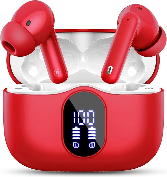 Wireless Earbuds, Bluetooth 5.4 Headphones Bass Stereo, Ear Buds with Noise Cancelling Mic, IP7 Waterproof in Ear Earphones, 36H LED Display Bluetooth Earbuds for Laptop Pad Phones Sports, Red