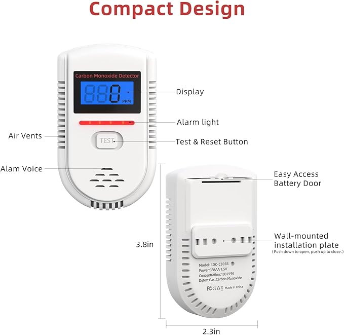Carbon Monoxide Detectors: Battery Powered CO Alarm with Real-time Display of PPM, Portable CO Detector Gas Monitor Alarm No Green Light Flashing for Home/Children's Room/RV