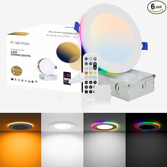 6 Pack 6 Inch Smart LED Recessed Lighting with RGB Back Light, 12W 1200LM Smart LED Recessed Lights with Junction Box, 2700K-6000K Color Changing Work with Google Assistant/Siri, Hub INCL