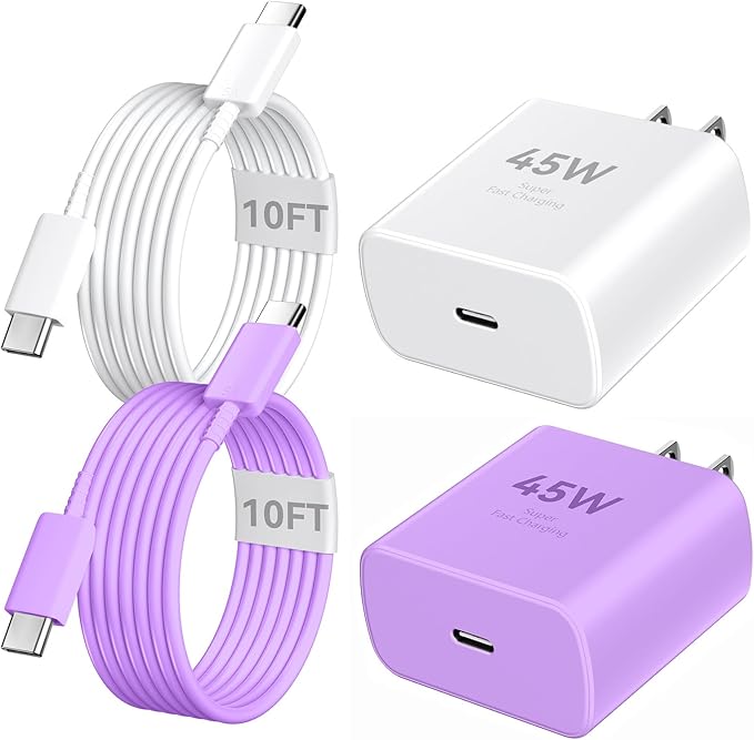 Phone 16 Pro Max Charger Fast Charging, 45W Super Fast USB C Charger Block with 10FT Long Charging Cord Cable for Phone 16 Pro Max/16 Pro/16/16 Plus,15 Pro Max/15 Pro/15,Android Phone-White&Purple