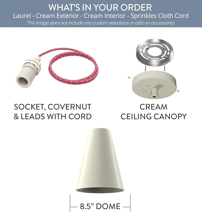 Steel Lighting Co. Laurel Pendant Light | Ceiling Mounted | 8.5 inch Cone Shade | Modern Contemporary Farmhouse Style Made in America | Sprinkles Cloth Cord | Cream Exterior/Cream Interior
