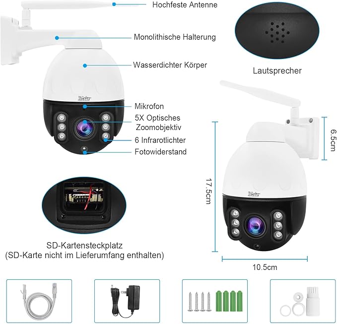 PTZ Camera Outdoor,5MP 5X Optical Zoom WiFi IP Camera with 360° Rotate and 30 Meter View Distance/Human Detection & Auto Tracking/Two Way Audio/IP66 Waterproof/Night Vision