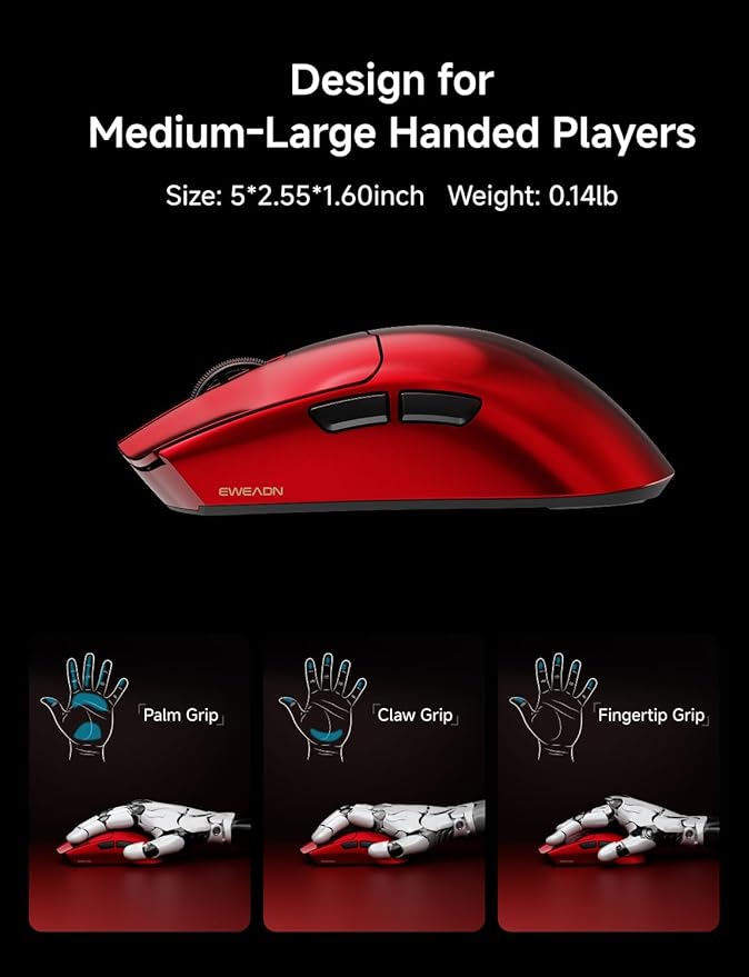 S9 Pro Wireless Gaming Mouse, 59G Ergonomic Computer Mouse, Triple Modes, 8K Polling, 26K DPI, PAW3395 Optical Sensor, Kailh Switch, 250h Battery Life, Programmable for PC/Win/Mac(Red)