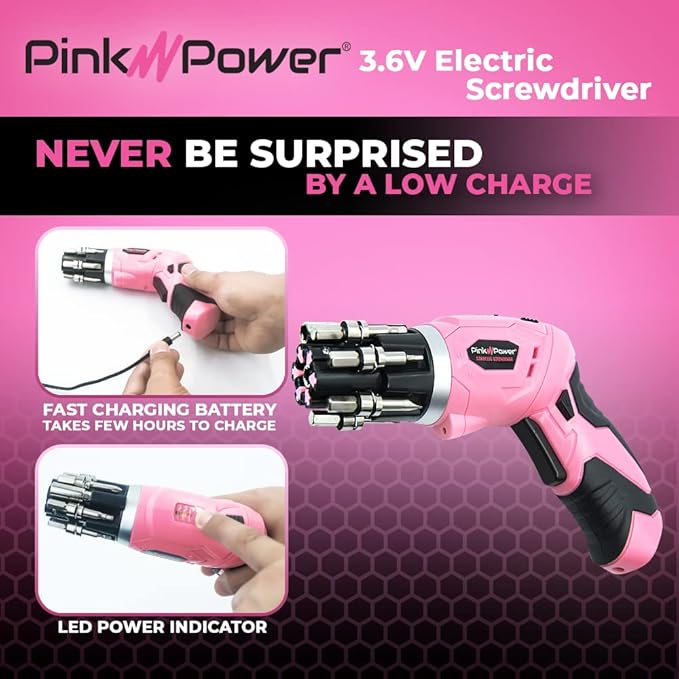 Pink Power Cordless Electric Screwdriver Set - 4V Rechargeable Pink Cordless Screwdriver Set for Women with Bubble Level and LED Light - Small Screwdriver Set with Pivotal Handle and Fold-Out Bits