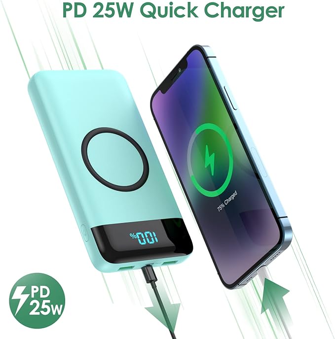 Wireless Portable Charger 30,800mAh 15W Wireless Charging 25W PD QC4.0 Fast Charging Smart LED Display USB-C Power Bank,4 Output& 2 Input External Battery Pack Compatible with iPhone,Samsung etc-Green