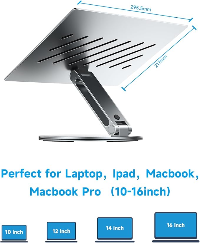 Adjustable Laptop Stand for Desk, 360° Rotating Aluminum Computer Stand with Cooling Vents, Ergonomic & Foldable Notebook Riser, Compatible with MacBook Pro/Air, Dell XPS, HP 10-16”