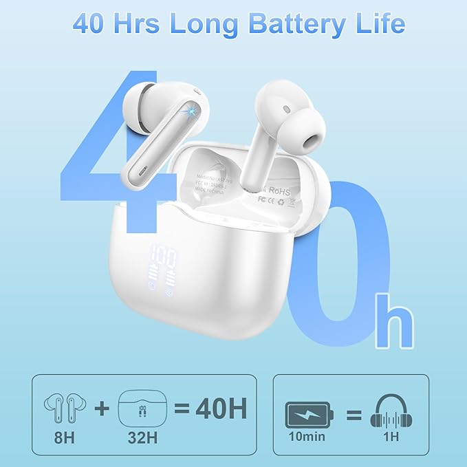 Wireless Earbud, Bluetooth 5.3 Headphones Deep Bass with 4 HD Mics, Wireless Headphones in Ear 40H Playtime, Bluetooth Earphones with Light Weight, IP7 Waterproof Ear Buds for Android IOS, Snow White