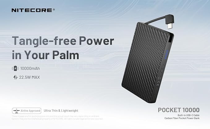 Nitecore Pocket 10000 Power Bank, 10000mAh Dual USB-C Ports for Phones, Flashlights, and Headlamps with Built-in USB-C Cable