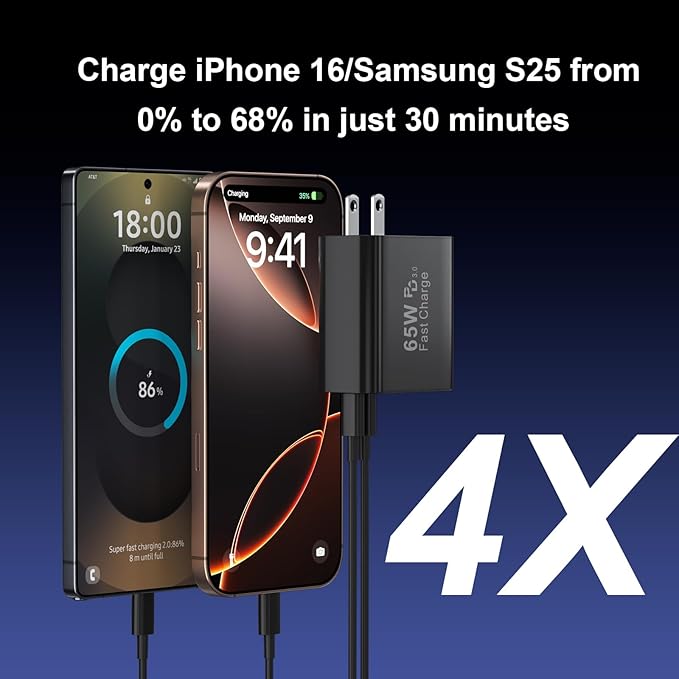 USB C Fast Charger Block, 65W GaN 6 Port USB C Wall Charger 30W Type C Charging Blocks, 3USB C+3USB A PPS/PD 3.0 Multiport Charging Cube for iPhone 16 15 14 13 Pro Max,for Galaxy S25 S24,2 Pack,Black