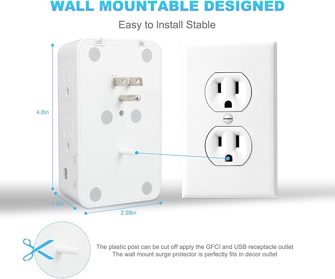 Surge Protector, Multi Plug Outlet Extender with Night Light for Home, Office, School, 6-Outlet Splitter and 3 USB Ports(1 USB C), Wall Charger Power Strip, FCC Listed