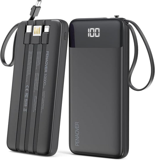 Portable Charger 10000mAh Power Bank with Built-in Cable, 5 Output 2 Input Travel Essential External Battery Pack with LED Display Compatible with iPhone 16/15 Samsung S22 Android,etc
