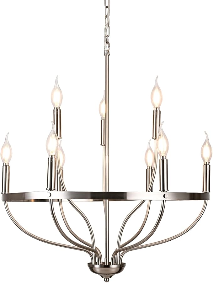 Modern Brushed Nickel Chandeliers Farmhouse Candle 9-Lights Dining Room Light Fixture Industrial Ceiling Hang Light Fixture for Kitchen Living Room Entryway
